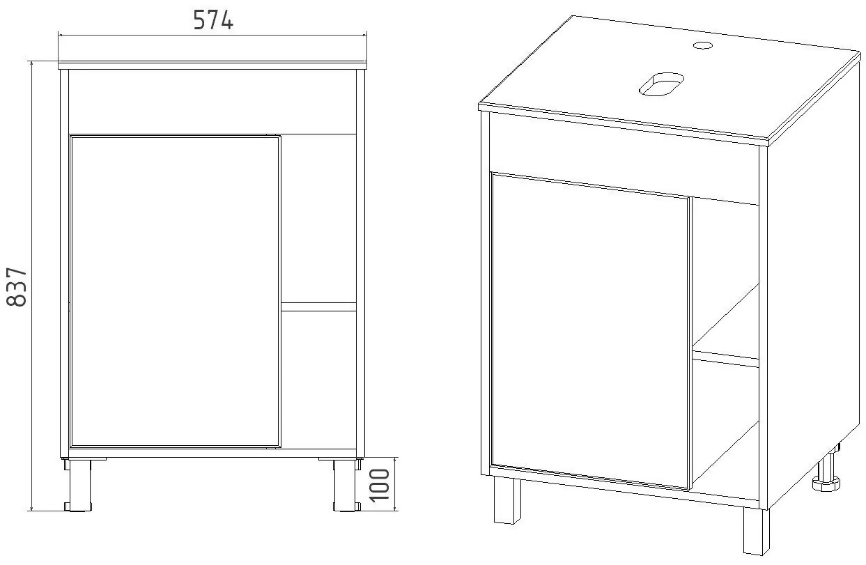 Тумба напольная Viant Бостон 56 с раковиной Moduo 50, 1 дверь, графит/дуб вотан