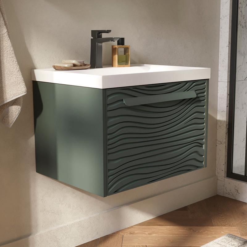 Тумба с раковиной EQUIL Gleam 60 подвесная, 1 ящик, зеленый камень/дуб вотан