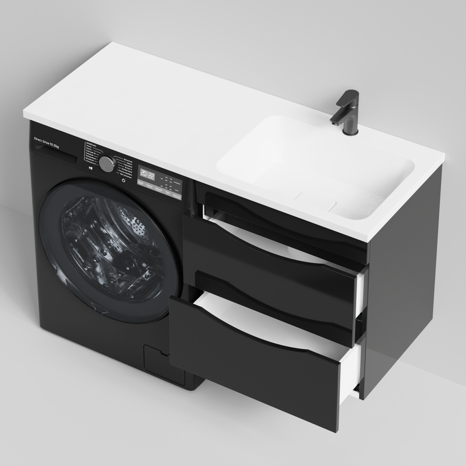 Тумба Vod-ok 58 с раковиной Смайл 120 подвесная, под стиральную машину, правая, черный глянец