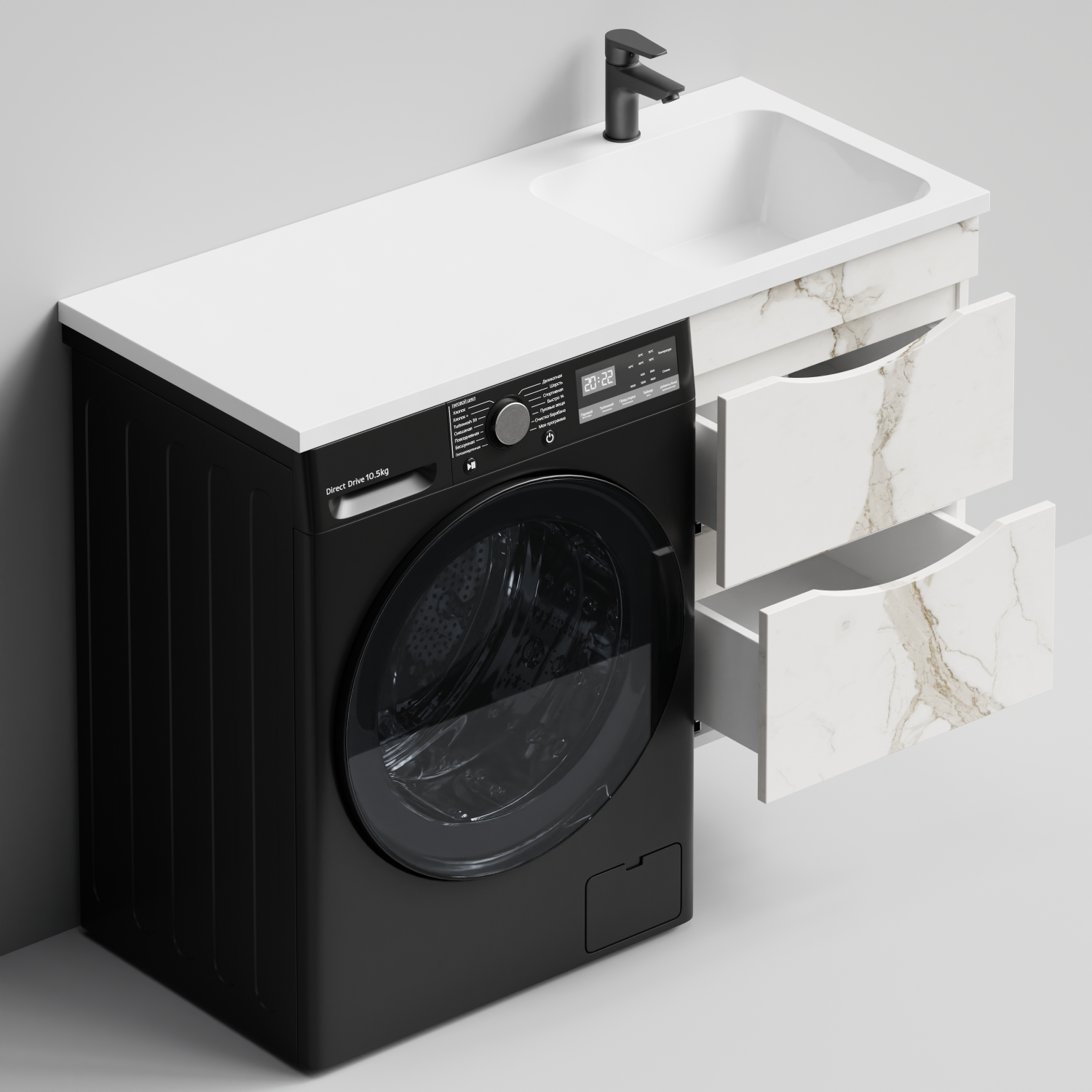 Тумба Vod-ok 48 с раковиной Смайл 110 подвесная, под стиральную машину, правая, Мрамор Белый натур милк