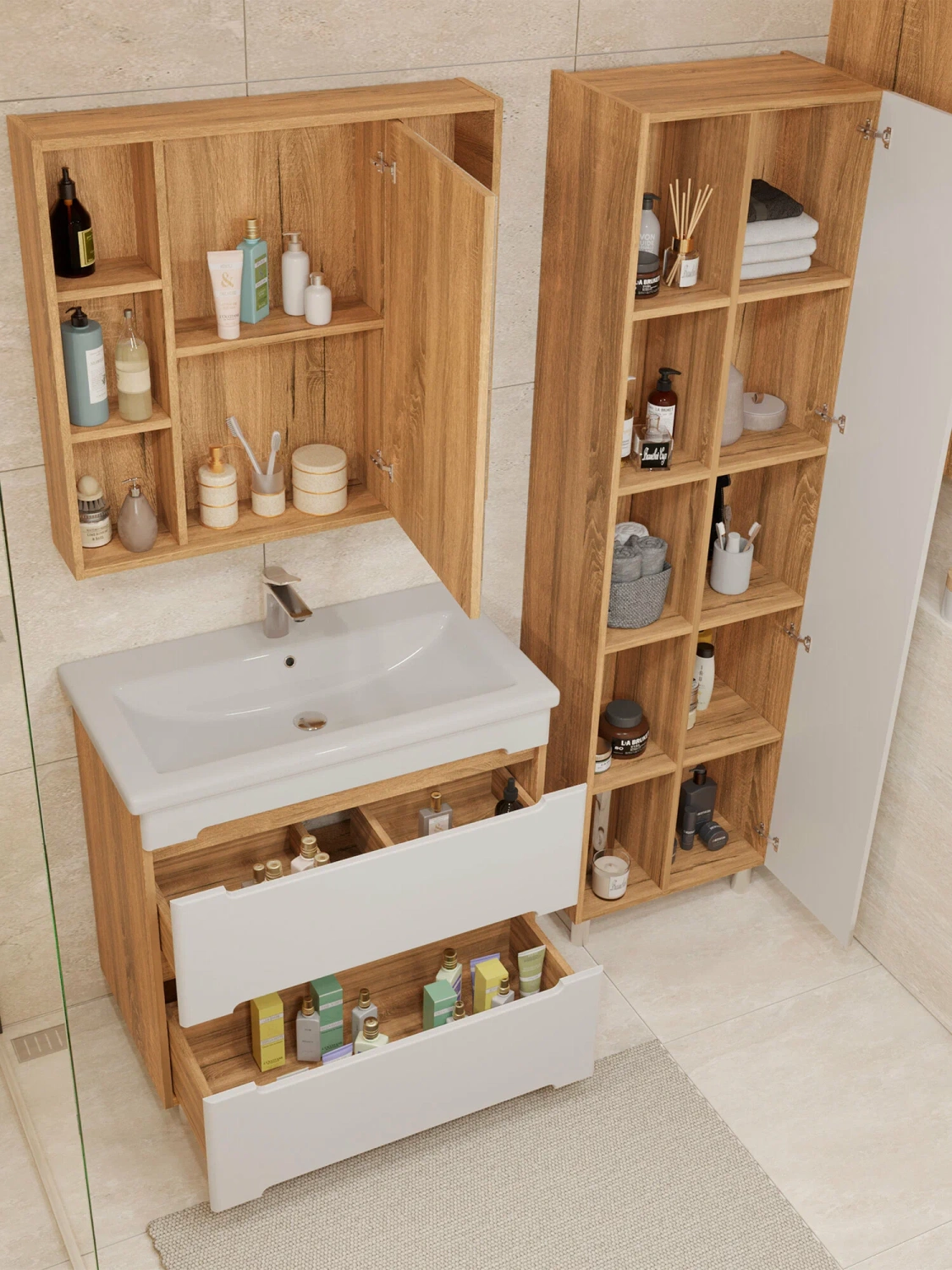 Тумба напольная SanStar Diva 80 с раковиной Фостер 80 белый, Дуб вотан