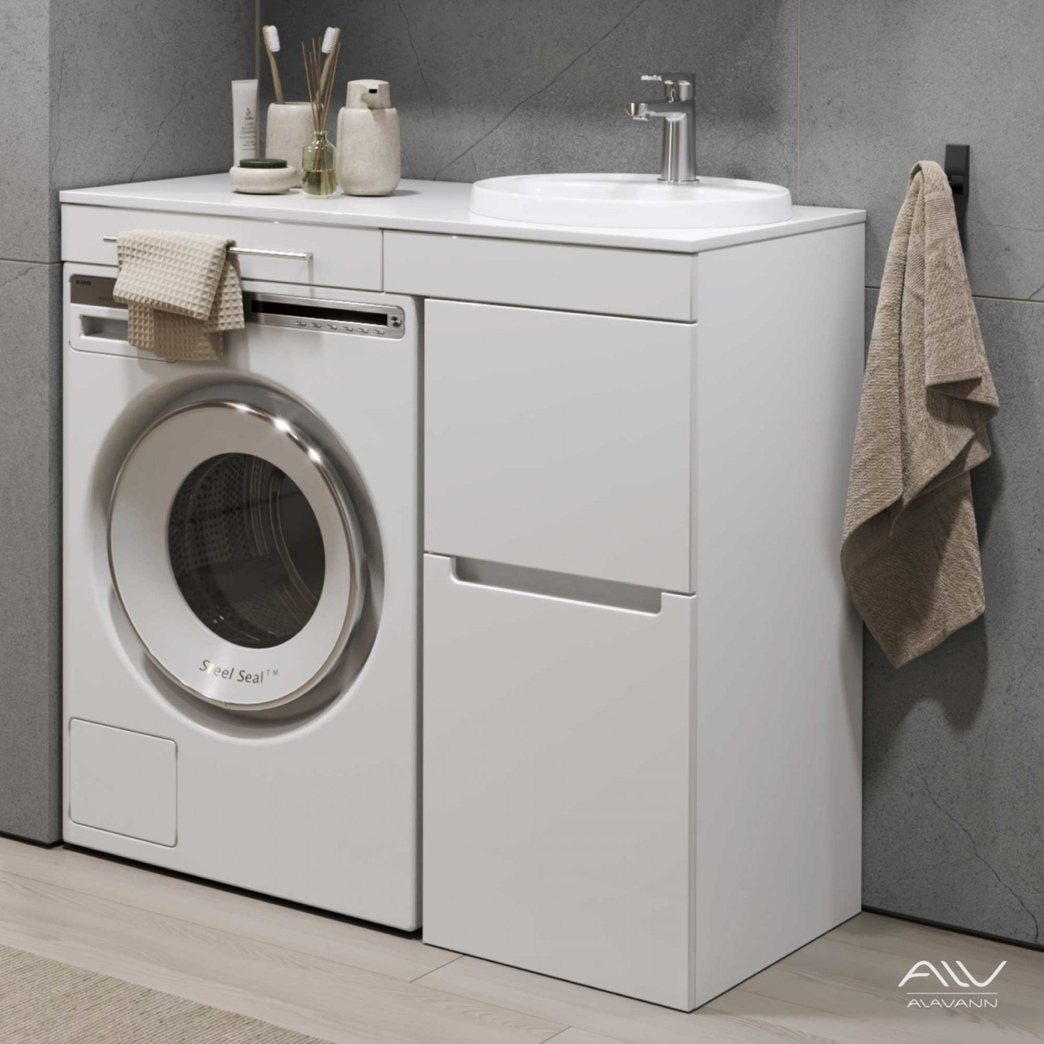 Тумба со столешницей Мдф Alavann Cosmetic 100 и раковиной Art Inside, R правая, корзина, под стиральную машину, белая