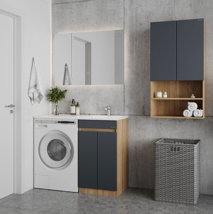 Тумба напольная Onika Милтон Нова 48 с раковиной Марсал 110 под стиральную машину, правая, серая/дуб сонома