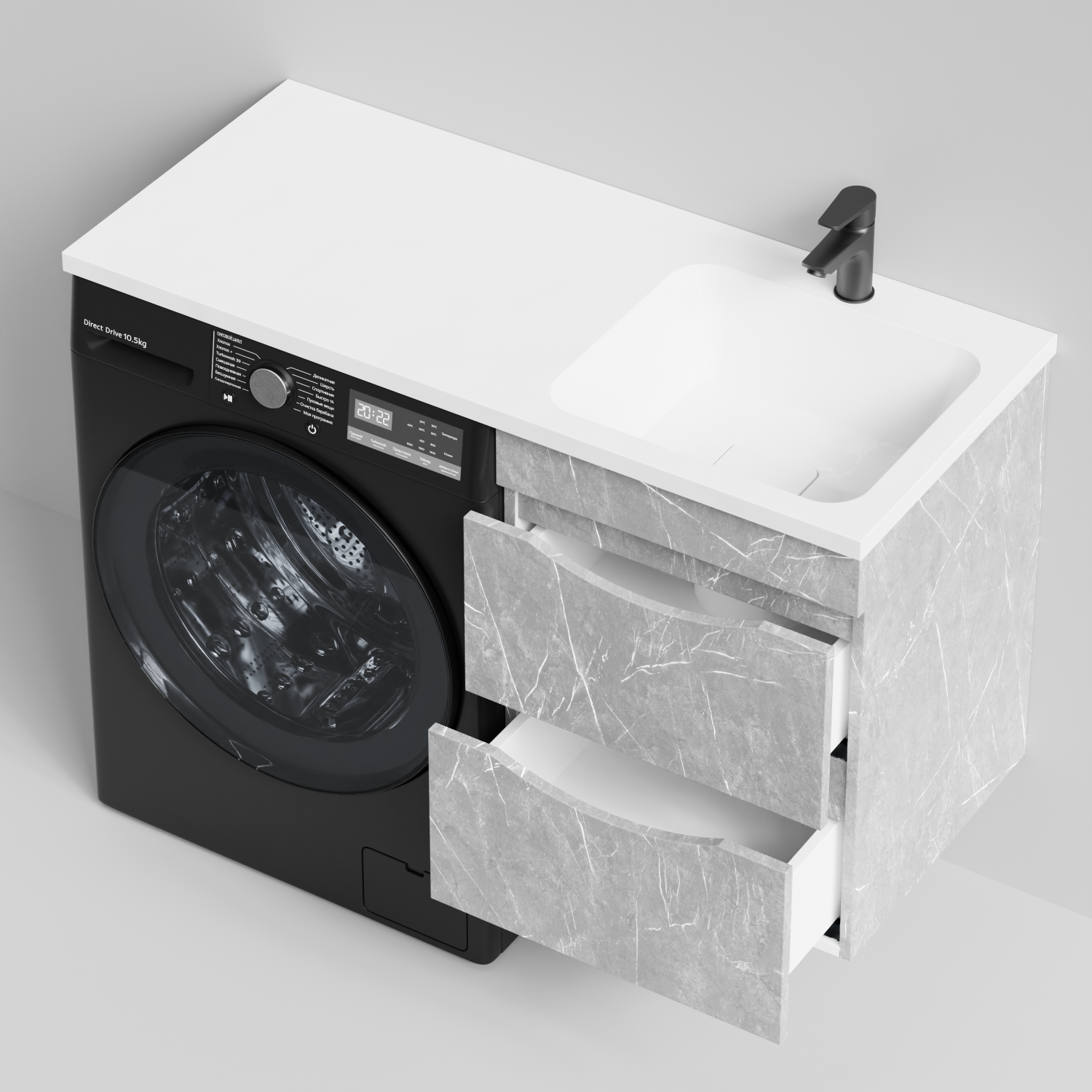Тумба Vod-ok 48 с раковиной Смайл 110 подвесная, под стиральную машину, правая, Мрамор Белый софт тач