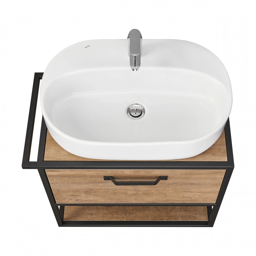 Тумба подвесная Aquaton Лофт Фабрик 65 с раковиной Одри 42x62 Round, дуб кантри