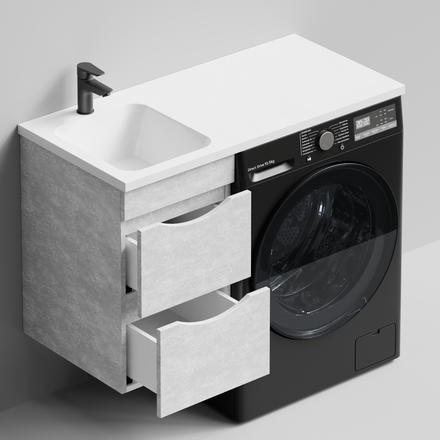 Тумба Vod-ok 38 с раковиной Смайл 100 подвесная, под стиральную машину, левая, Белый камень