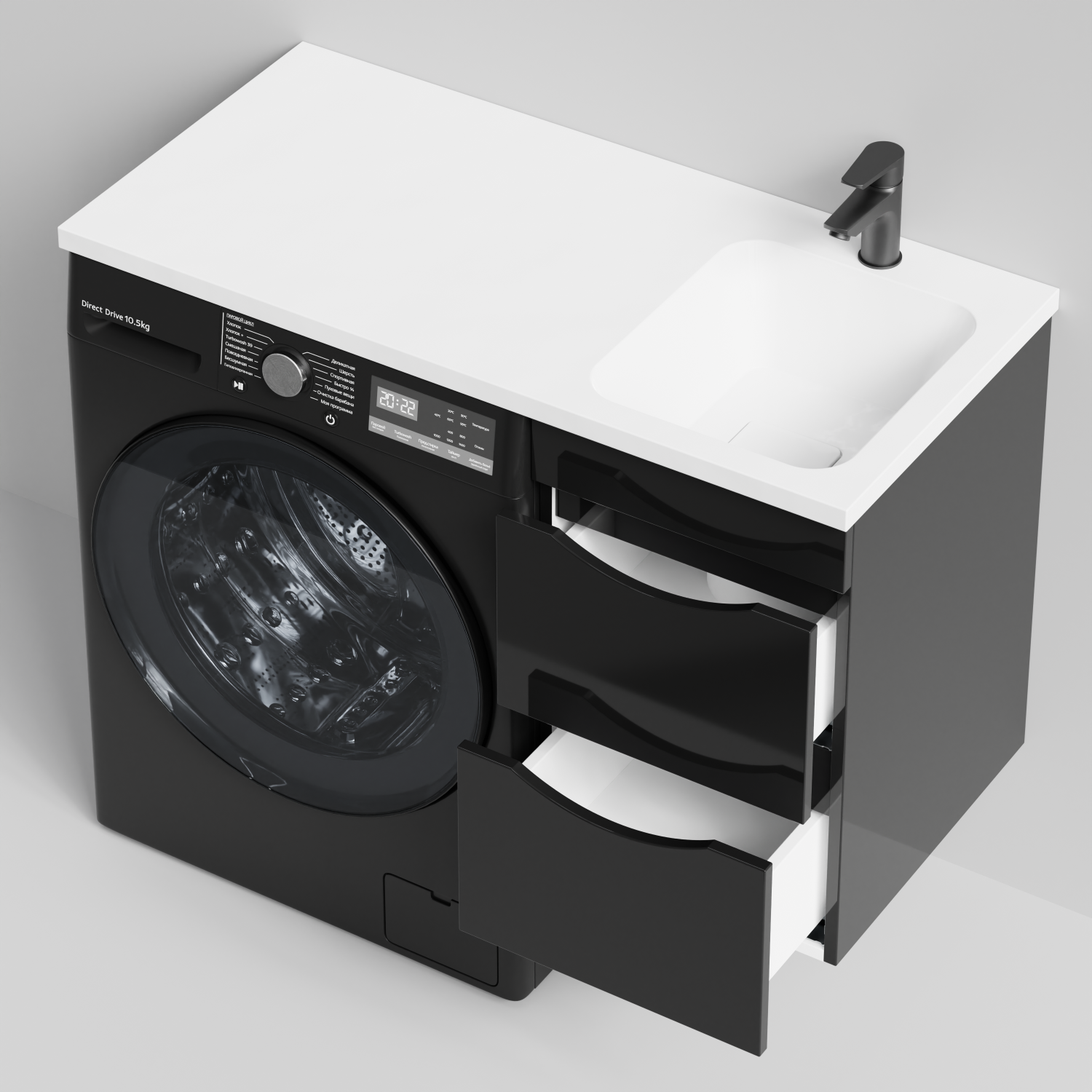 Тумба Vod-ok 38 с раковиной Смайл 100 подвесная, под стиральную машину, правая, черный глянец
