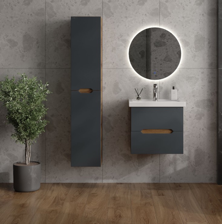 Тумба подвесная Onika Айленд с раковиной Фостер 60 графит/дуб крафт золотой