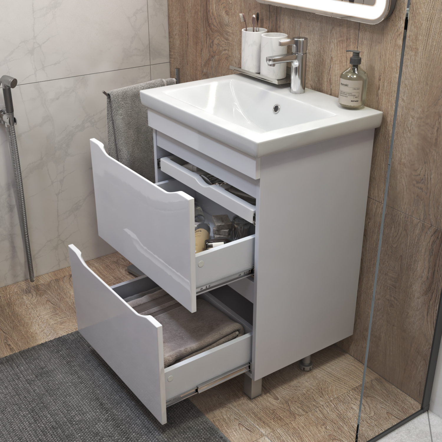 Тумба напольная Vigo Grani 600-0-2 с раковиной Como 60, 2 ящика, белый