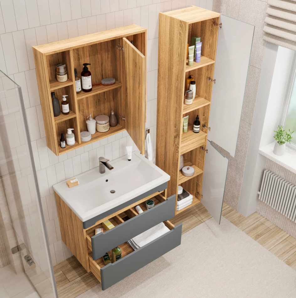 Тумба подвесная SanStar Diva 70 с раковиной Фостер 70, дуб вотан, графит софт