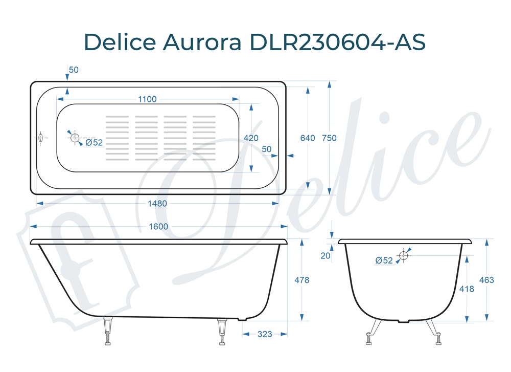 Ванна чугунная Delice Aurora 160х75 DLR230604-AS с антискользящим покрытием