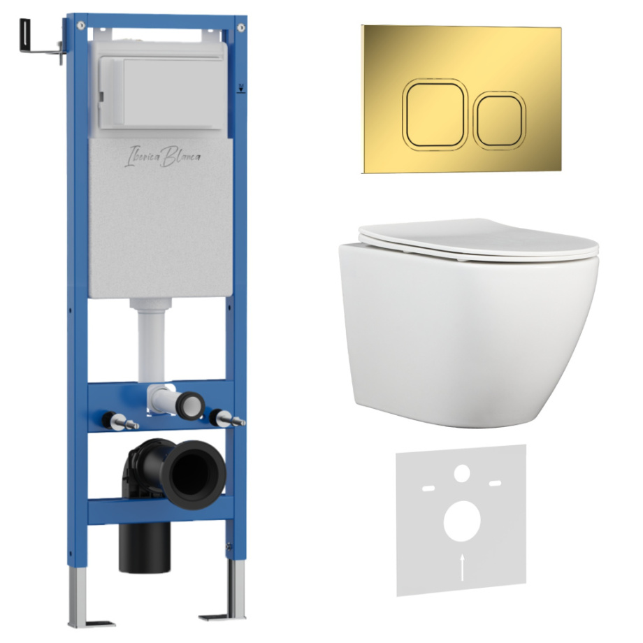 Комплект 3в1 IBERICA BLANCA инсталляция SILENCIO MINI, унитаз BILBAO ALTO белый, кнопка смыва ESTI-Q золото глянцевое (IB.001M.BLA.234.836)