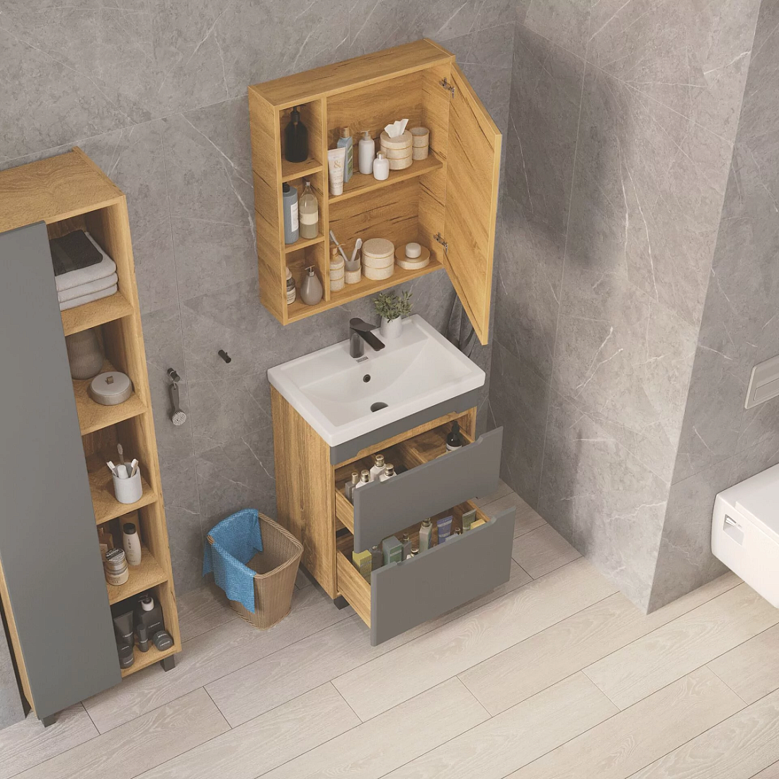 Тумба напольная SanStar Diva 70 с раковиной Como 70 Дуб вотан, графит софт