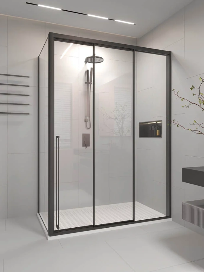 Душевой угол раздвижной Veconi Premium Prato 300 SP B-R, 1600х1000x2000, черный матовый, стекло прозрачное