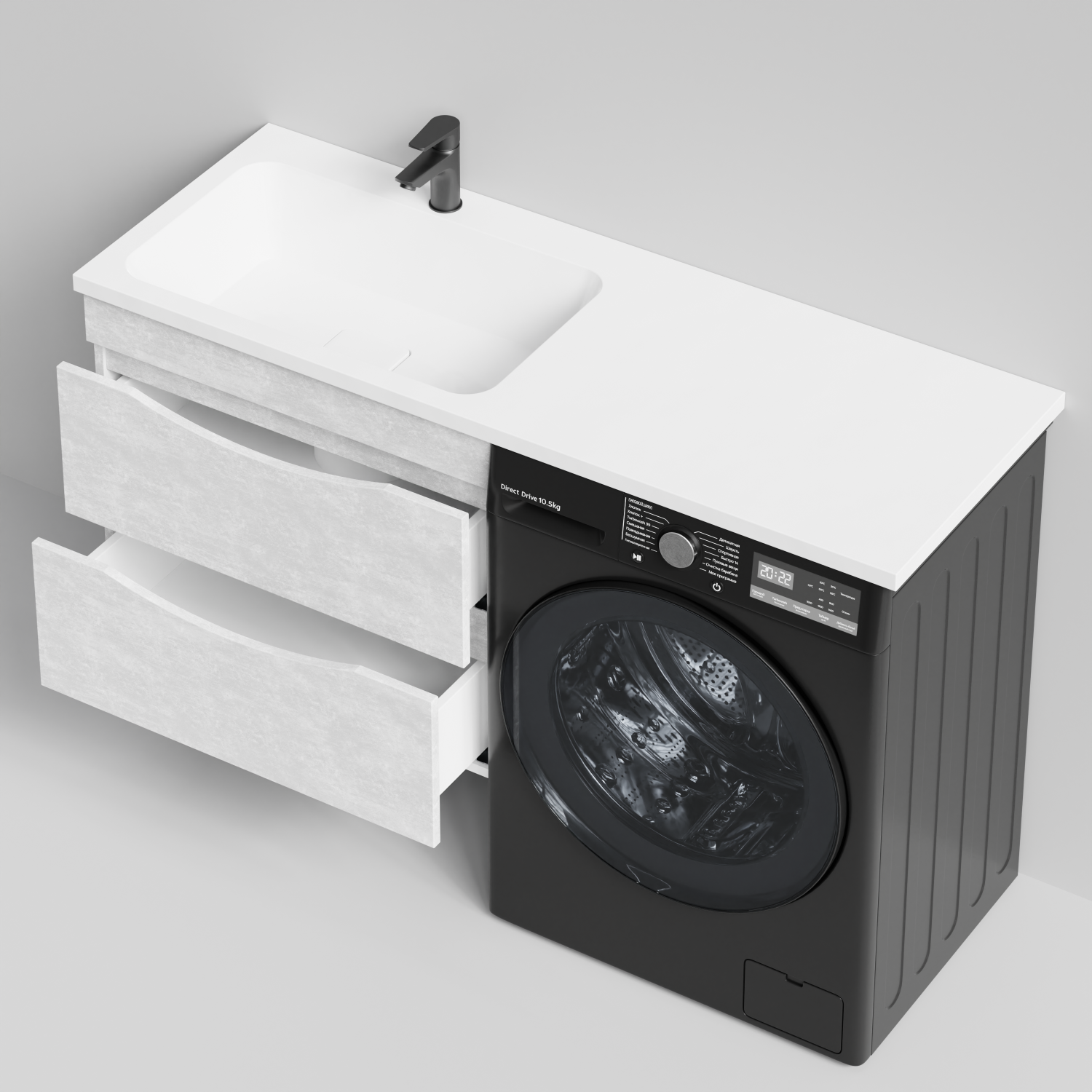 Тумба Vod-ok 68 с раковиной Смайл 130 подвесная, под стиральную машину, левая, Белый камень