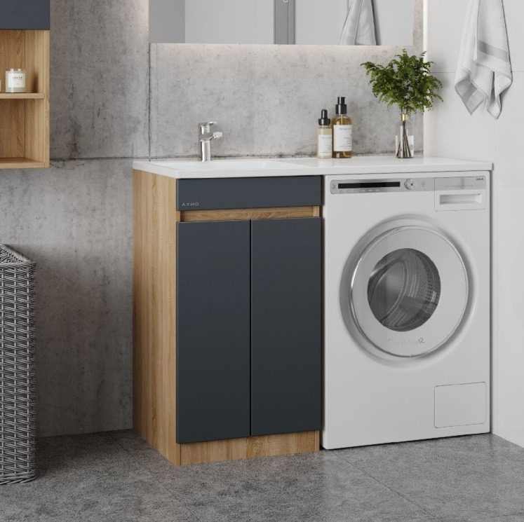 Тумба напольная Onika Милтон Нова 48 с раковиной Марсал 110 под стиральную машину, левая, серая/дуб сонома