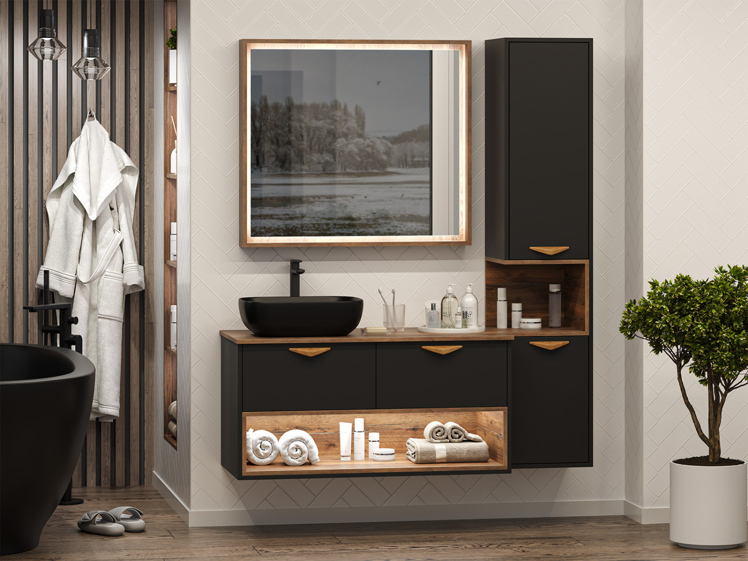 Тумба с раковиной Brevita Bergen 105 с подсветкой подвесная, черный/дуб галифакс