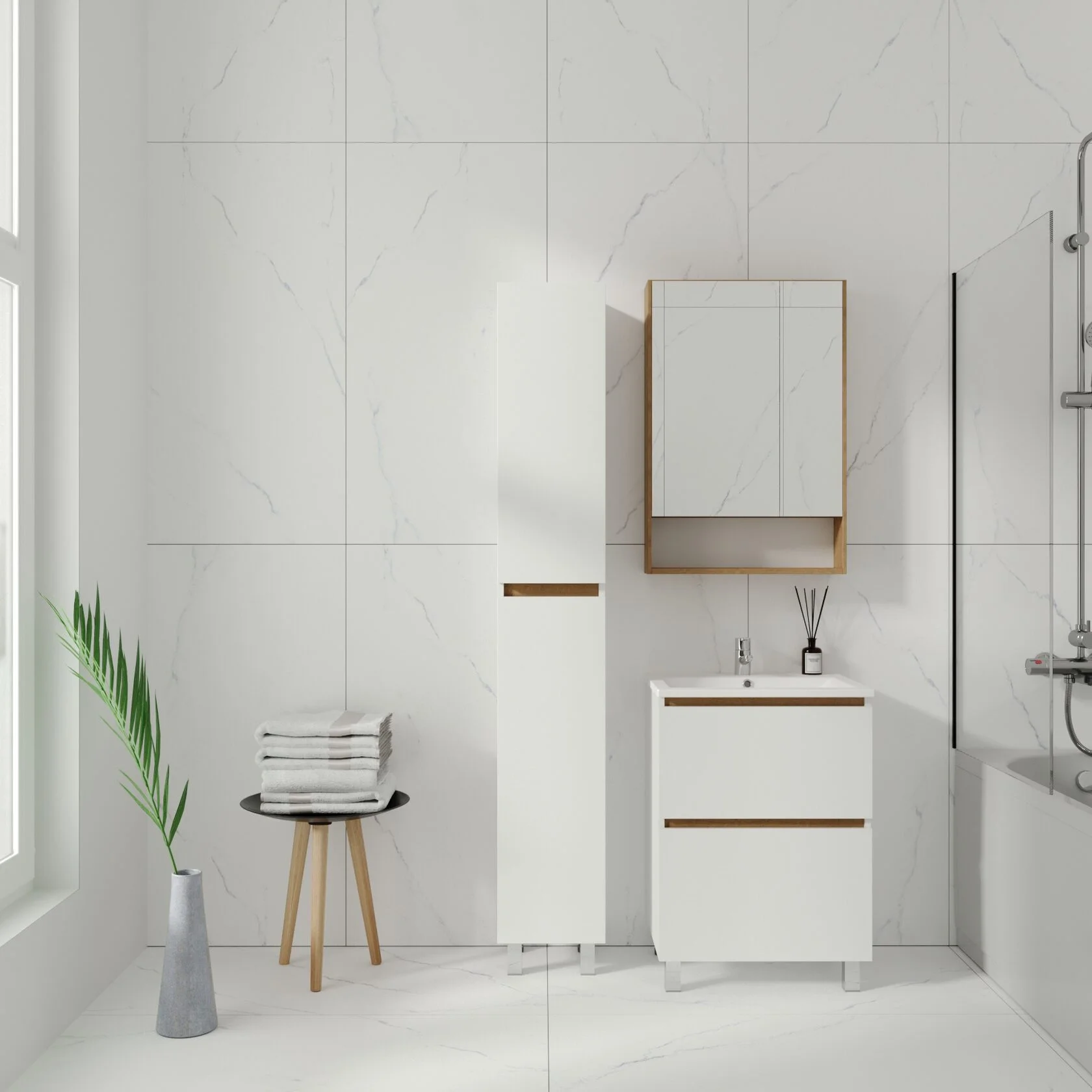 Тумба напольная Viant Мальта 60 с раковиной Como 60, два ящика, белый/дуб Вотана