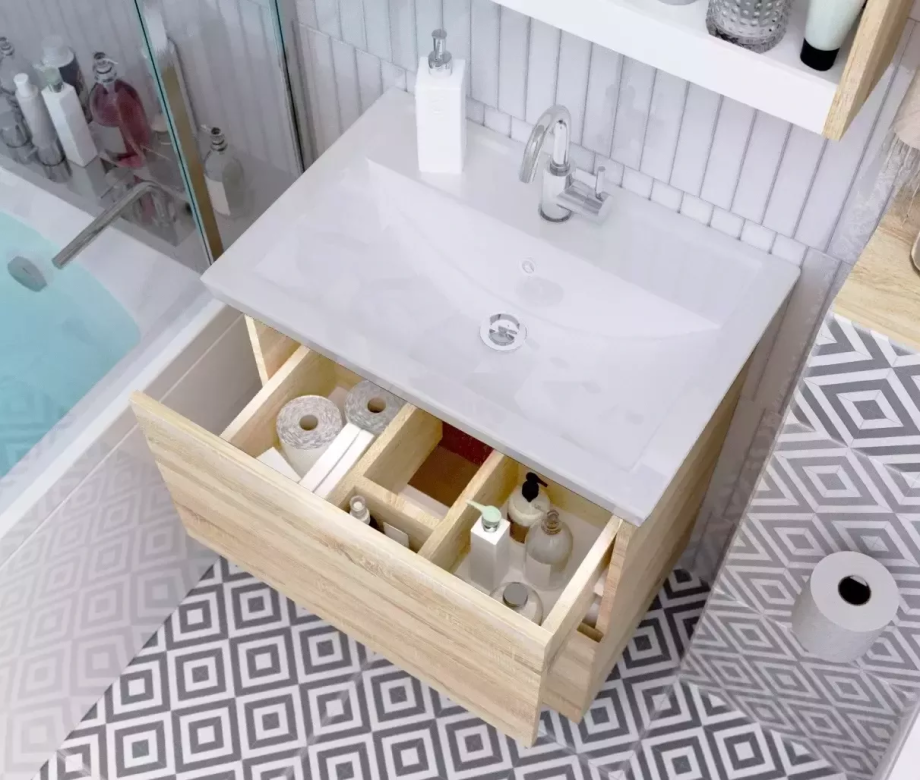 Тумба напольная 1Marka Aris 60Н с раковиной Atom 60, 2 ящика, дуб сонома