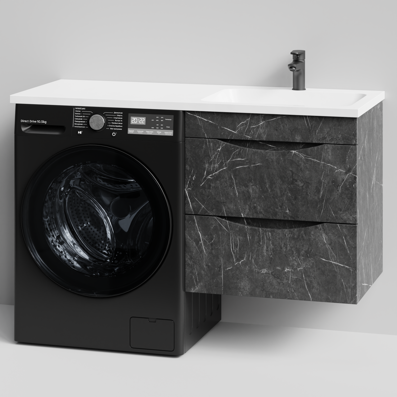 Тумба Vod-ok 58 с раковиной Смайл 120 подвесная, под стиральную машину, правая, Мрамор Графит софт тач