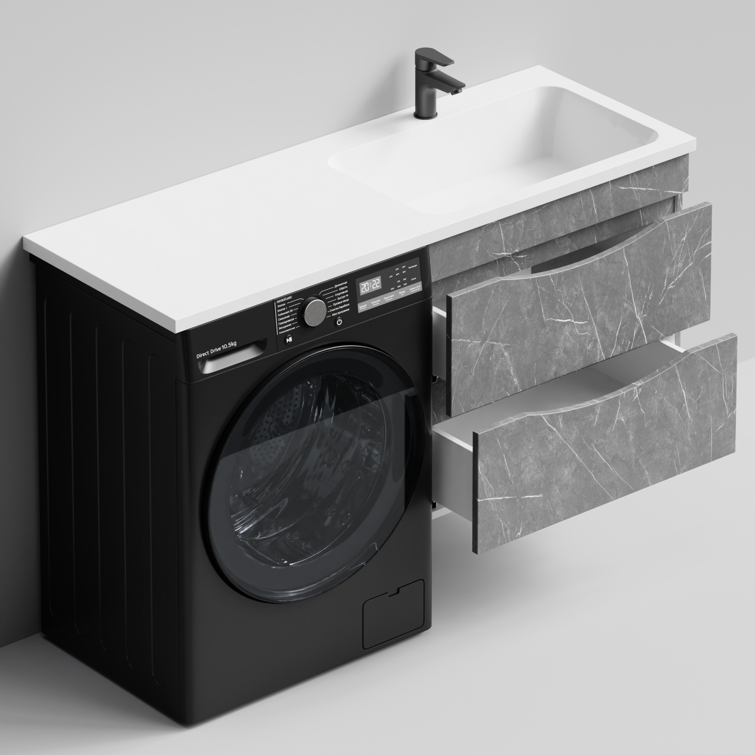 Тумба Vod-ok 68 с раковиной Смайл 130 подвесная, под стиральную машину, правая, Мрамор Серый софт тач