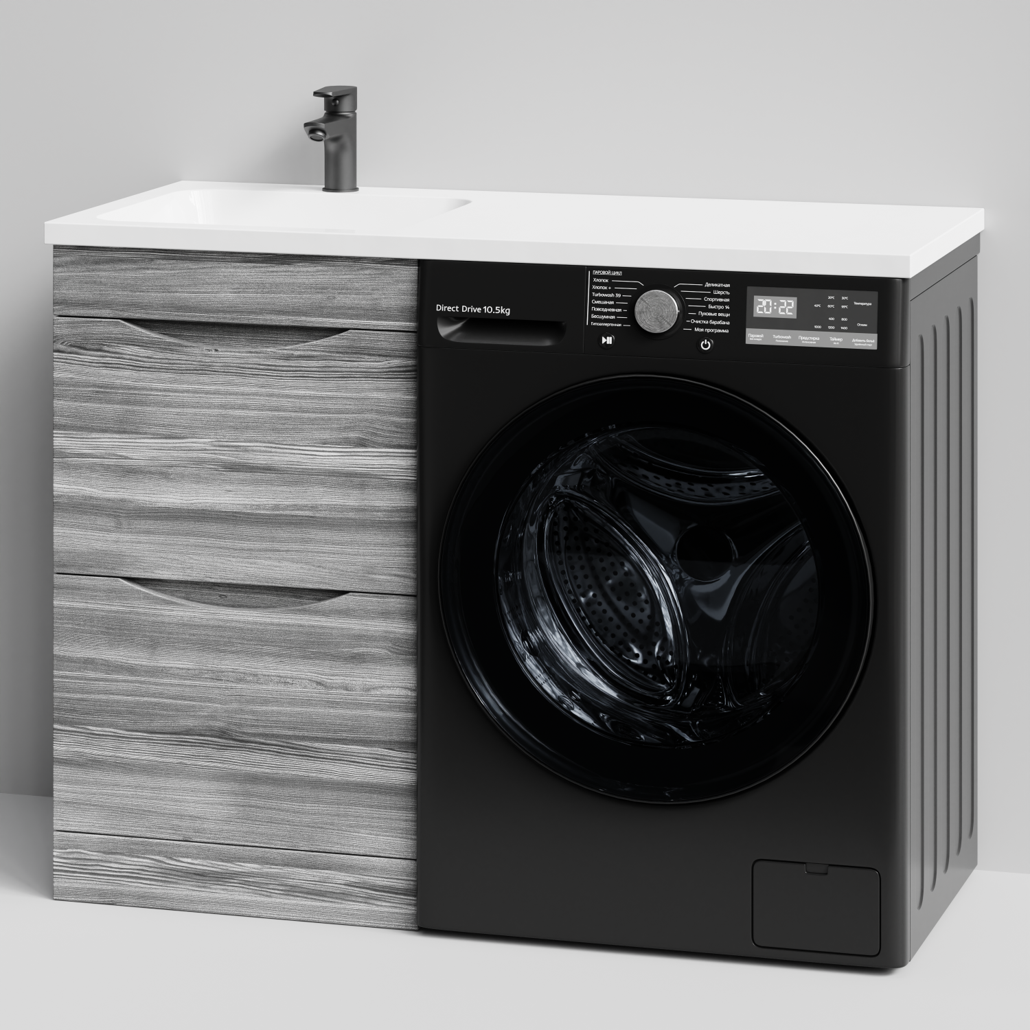 Тумба Vod-ok 48 с раковиной Смайл 110 напольная, под стиральную машину, левая, Лиственница структурная контрастно-серая