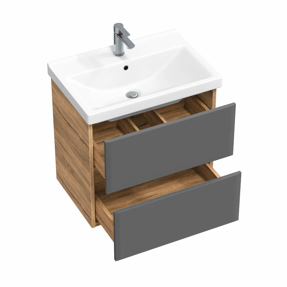 Тумба подвесная SanStar Graffa 60 с раковиной Фест 60 Дуб вотан, графит софт