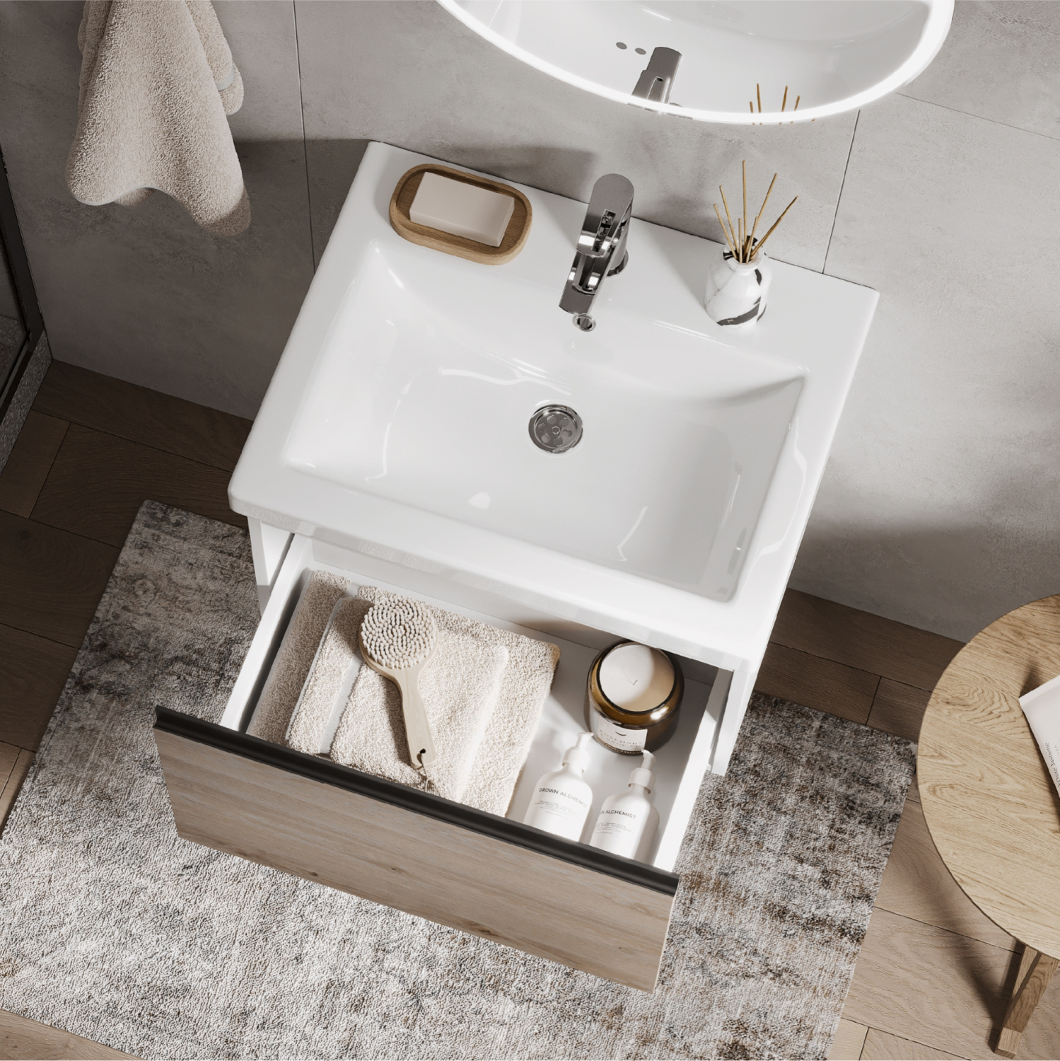 Тумба подвесная Vigo Cross 600-0-1 с раковиной Como 60, 1 ящик, дуб давос/белый