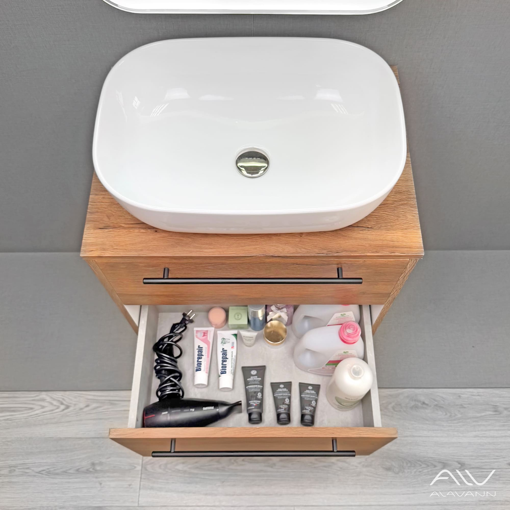 Тумба подвесная Alavann Rondo 60 с раковиной Moduo 50 SQUARE, дуб