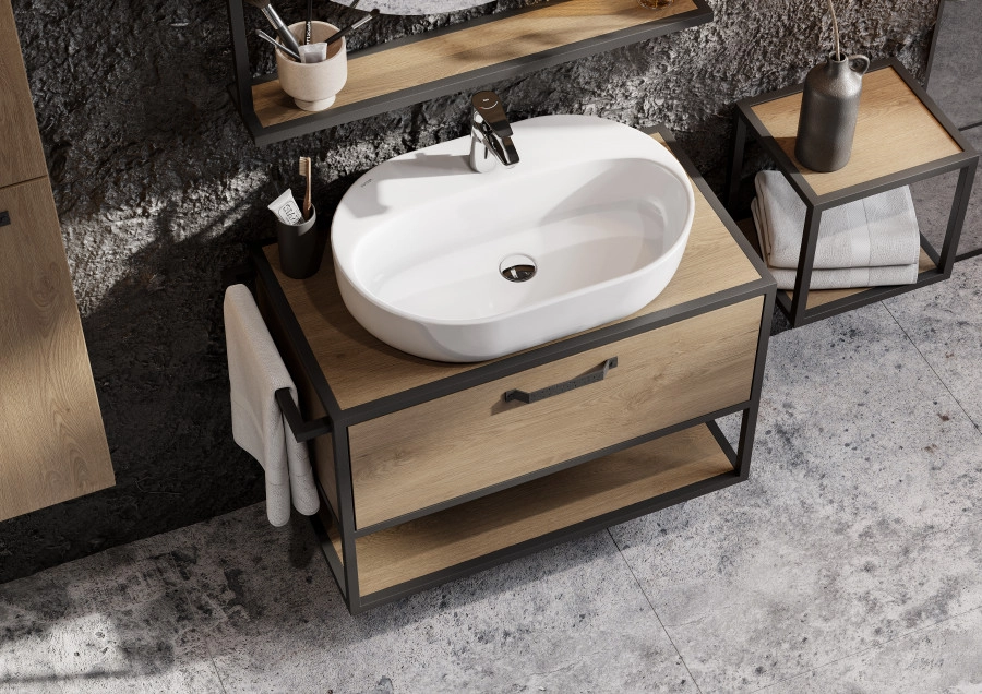 Тумба подвесная Aquaton Лофт Фабрик 80 с раковиной Одри 420x620 Round, дуб кантри