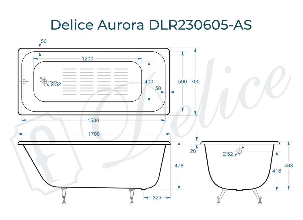 Ванна чугунная Delice Aurora 170х70 DLR230605-AS с антискользящим покрытием