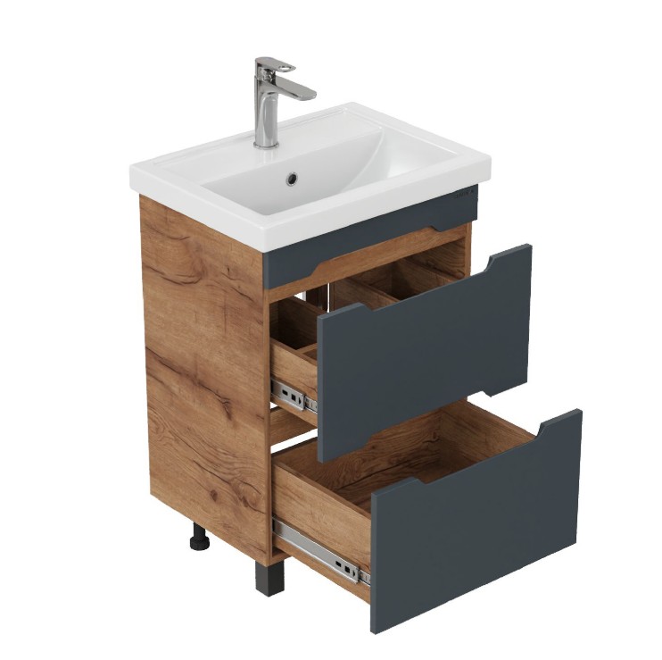 Тумба с раковиной Onika Айленд с раковиной Фостер 50 напольный, графит/дуб крафт золотой