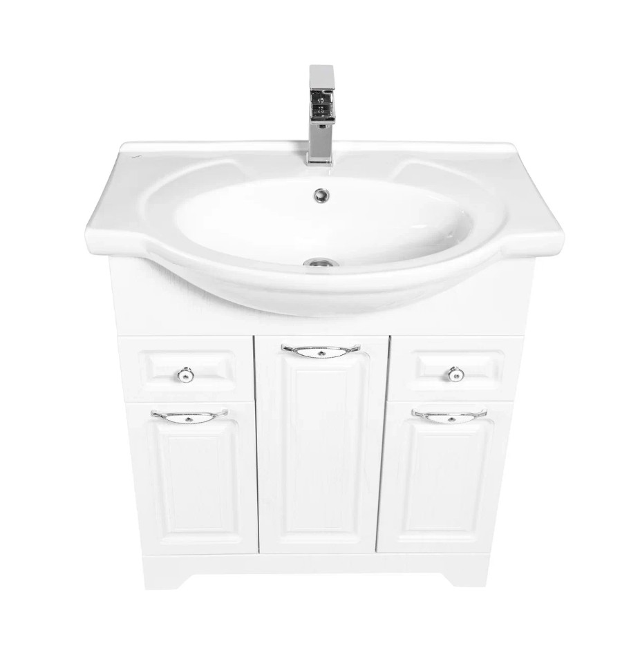 Тумба напольная Stella Polar Кармела 75 с раковиной Эльбрус 75, 2 ящ, 3 двери, Люкс белое серебро