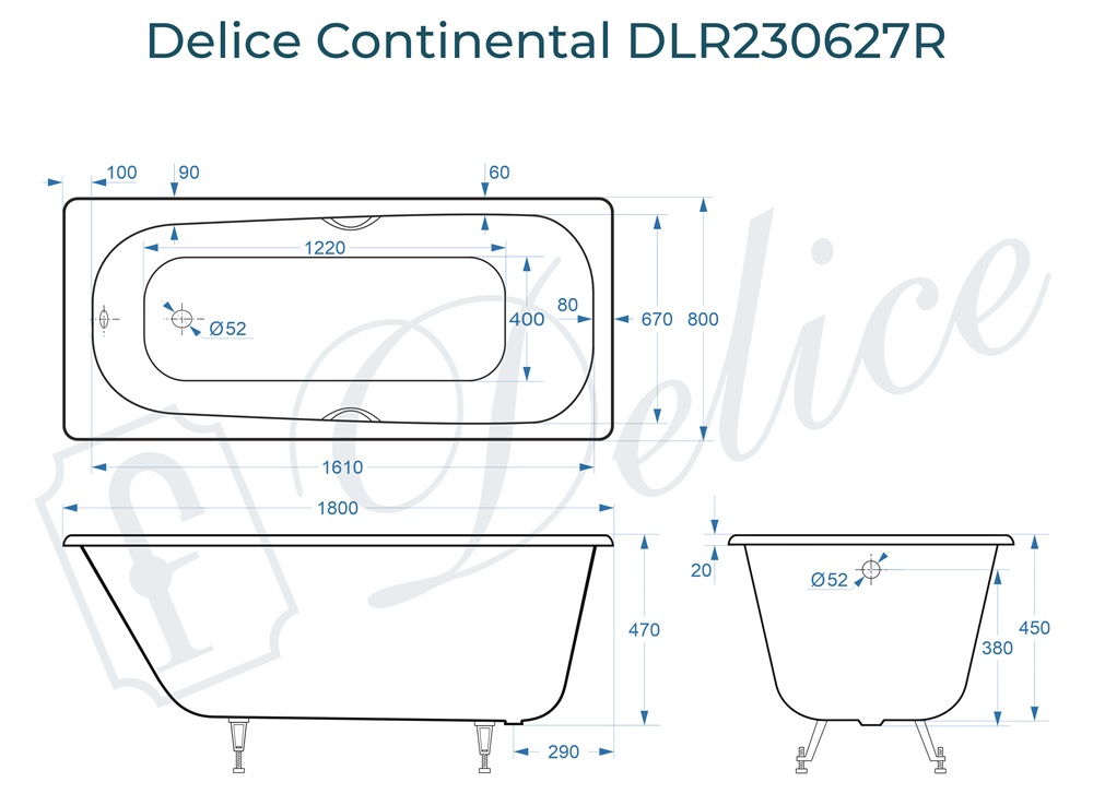 Ванна чугунная Delice Continental 180х80 DLR230627R с отверстиями под ручки