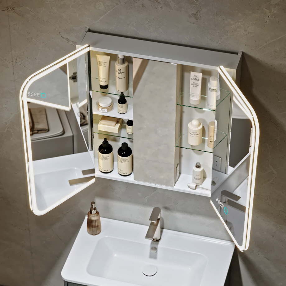 Шкаф зеркальный Alavann "Cosmetic Light 80" антизапотеватель, часы