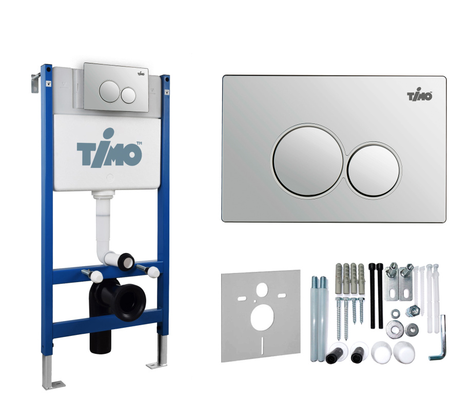 Комплект 2 в 1 Timo Инсталляция для унитаза TWC-01 и кнопка смыва KULO FP-001 глянцевая хромированная