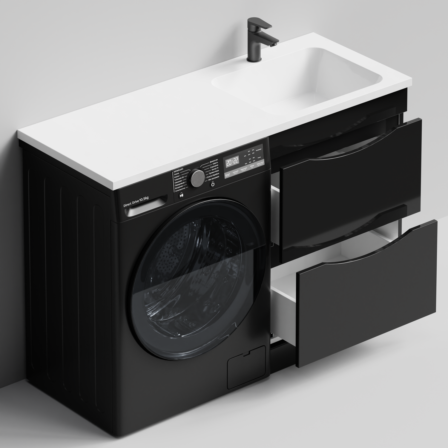 Тумба Vod-ok 58 с раковиной Смайл 120 напольная, под стиральную машину, правая, черный глянец