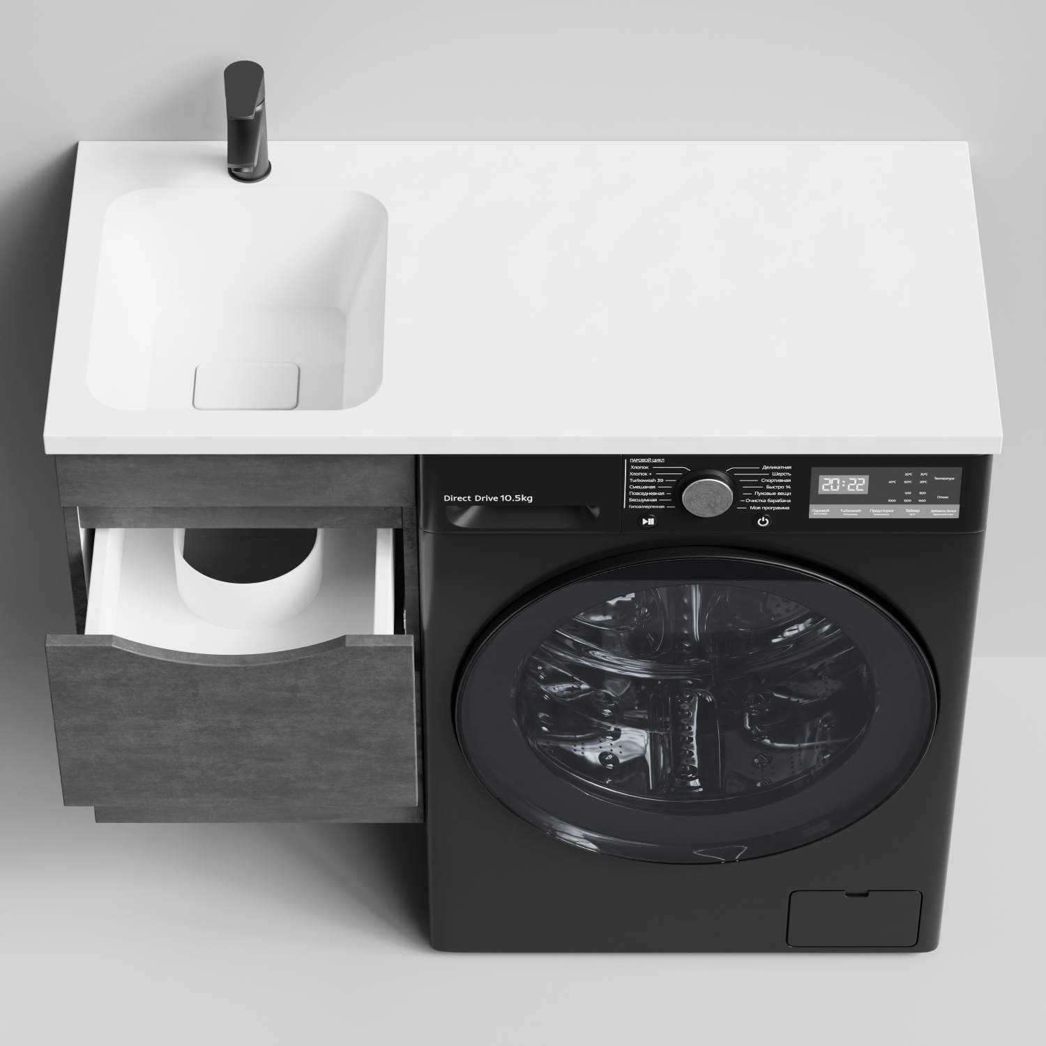 Тумба Vod-ok 38 с раковиной Смайл 100 подвесная, под стиральную машину, левая, Серый камень