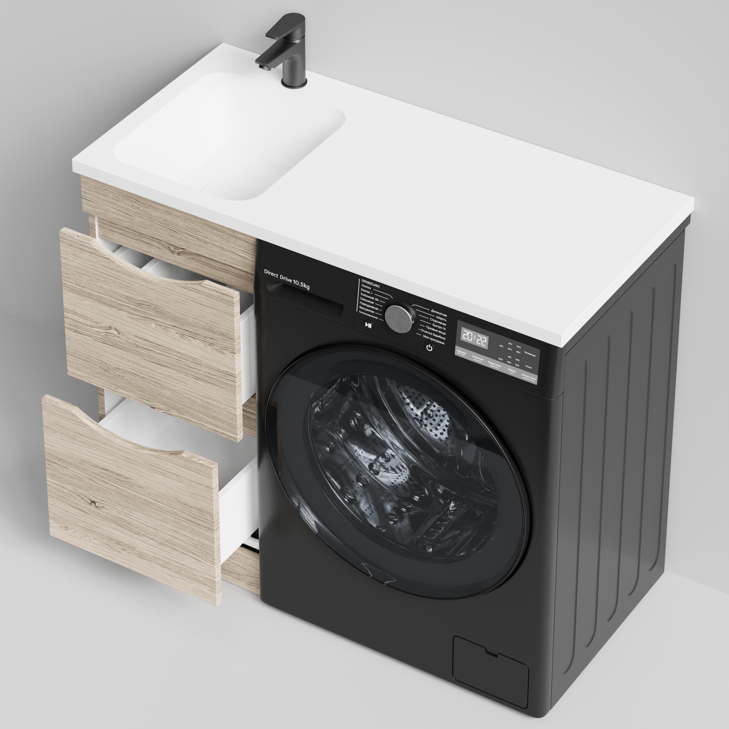 Тумба Vod-ok 38 с раковиной Смайл 100 напольная, под стиральную машину, левая, Дубослив ореховый светлый