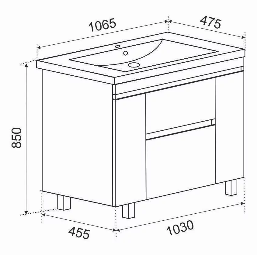 Тумба Emmy Джерси с раковиной Оскар 105 напольная, 2 ящика, 2 двери, белая