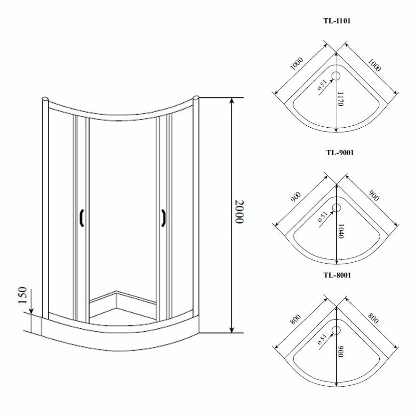 Душевой уголок Timo TL-1101 Fabric Glass матовый 100х100 полукруглый 1/4, с низким поддоном, хром