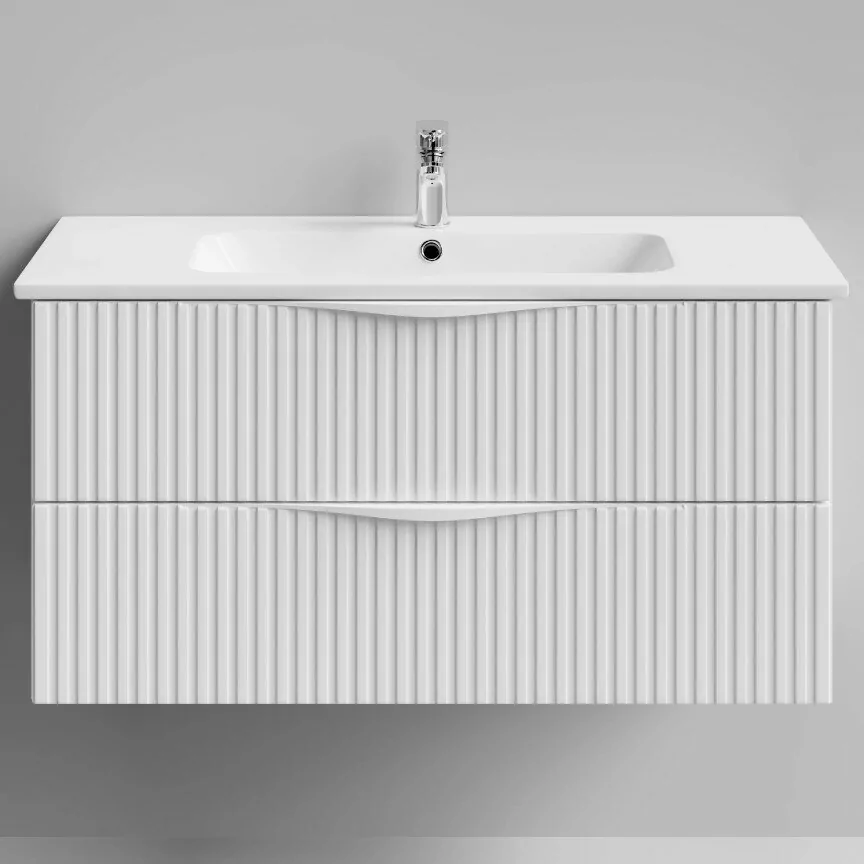 Тумба с раковиной Vod-ok Elite Эйфория 100 F6 полосы вертикальные, подвесная, два ящика, белый матовый