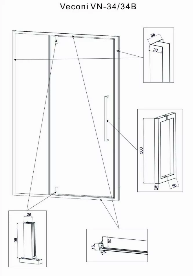 Душевая дверь Veconi VN34-100 в нишу, распашная, прозрачное стекло, хром