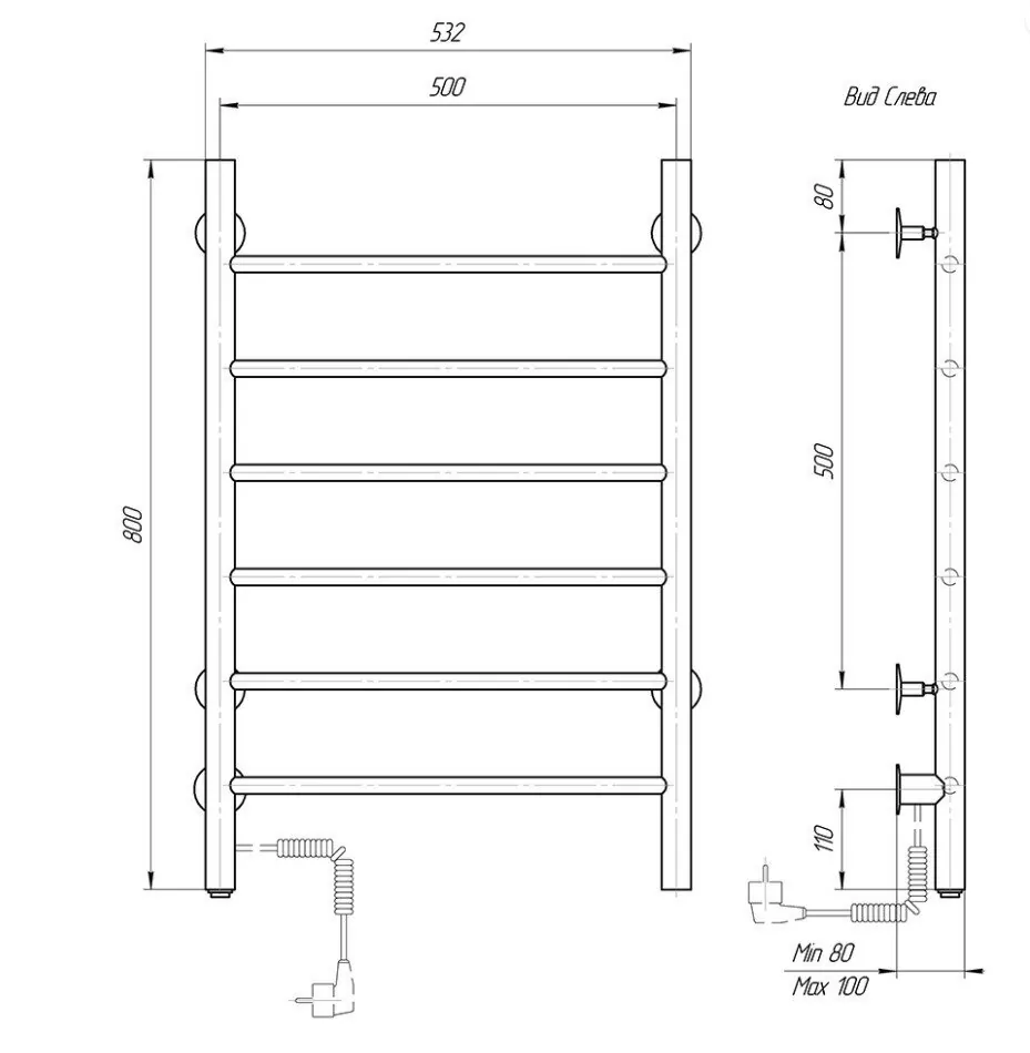 Полотенцесушитель электрический Domoterm Классик DMT 109-6 50х80 EK L левый, черный матовый