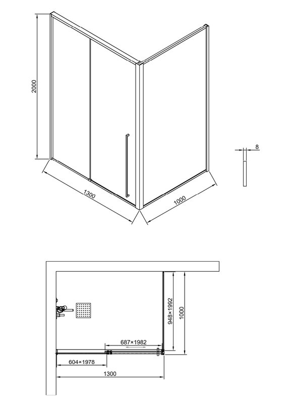 Душевой уголок Timo TDSS-130/03C-8L + TSS-1000/03C-8, 130x100 см, профиль черный, стекло прозрачное