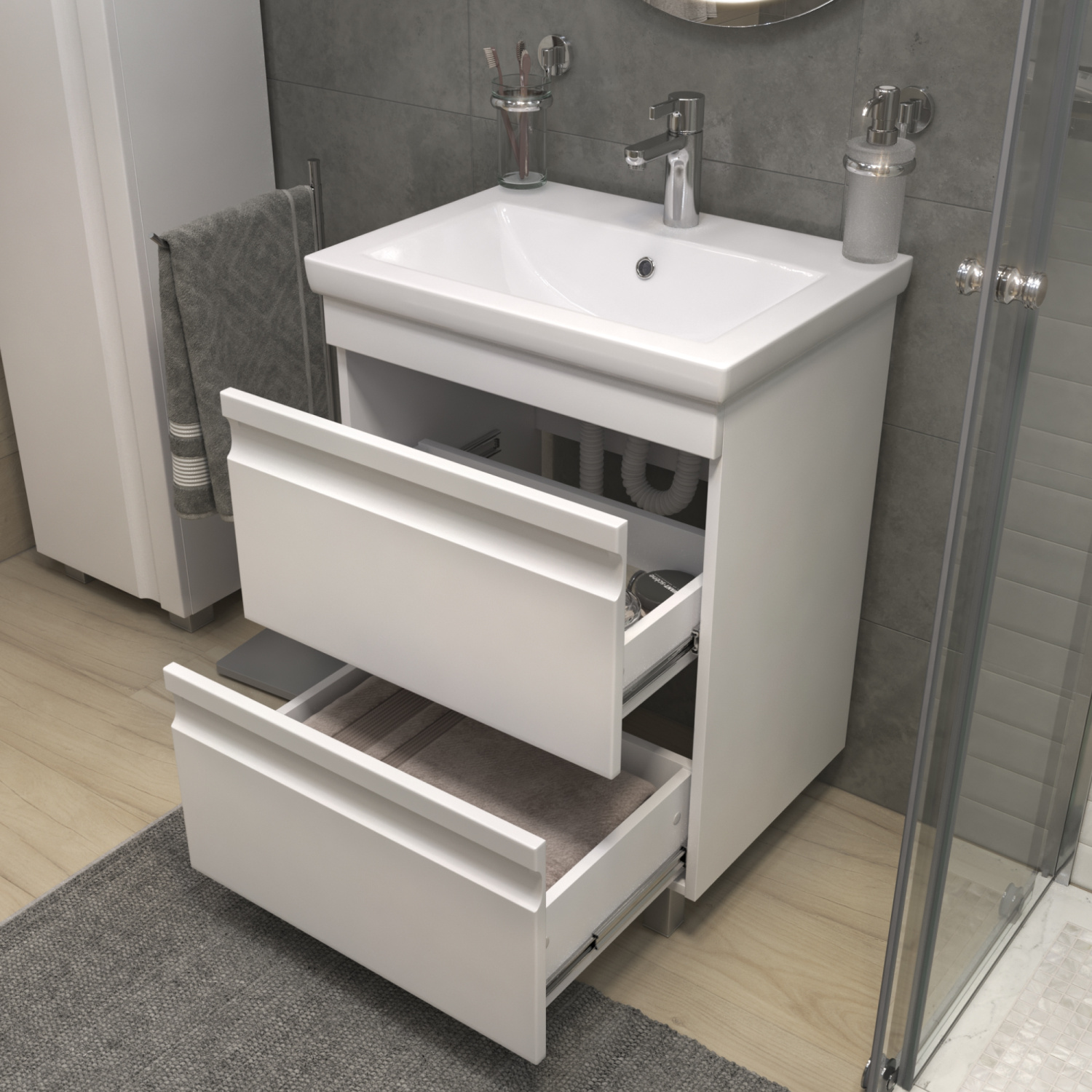 Тумба напольная Vigo Holly 60 с раковиной Como 60, 2 ящика, белый