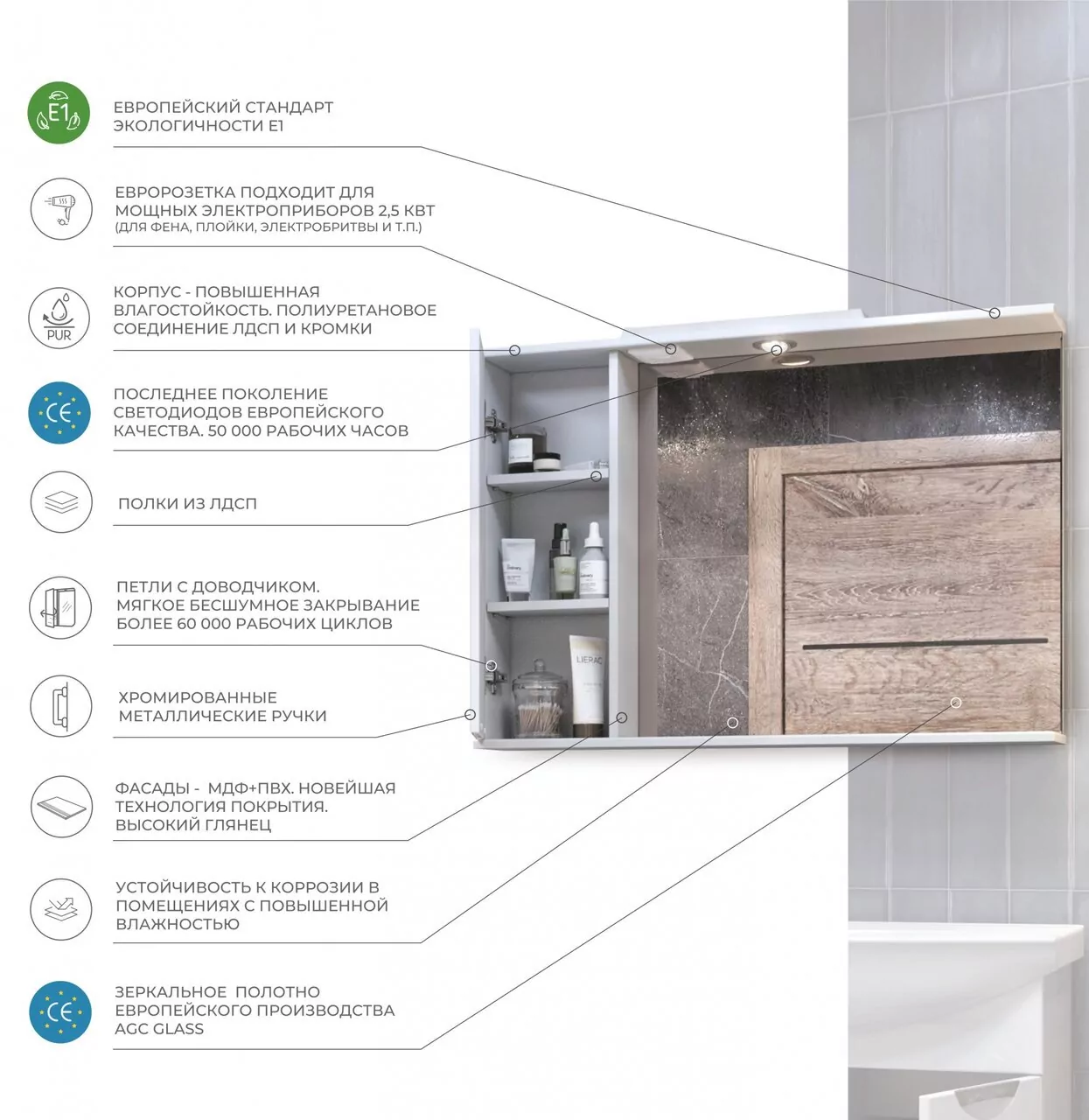 Зеркало с шкафчиком Vigo Callao 80 L, свет, белый