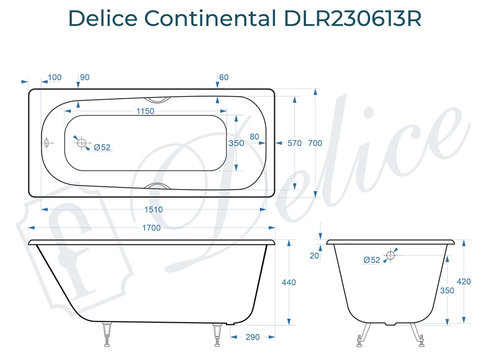 Ванна чугунная Delice Continental 170х70 DLR230613R с отверстиями под ручки