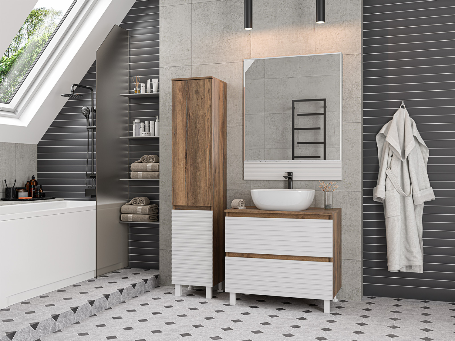 Пенал Brevita Dakota 35 напольный/подвесной, L, белый/дуб галифакс олово