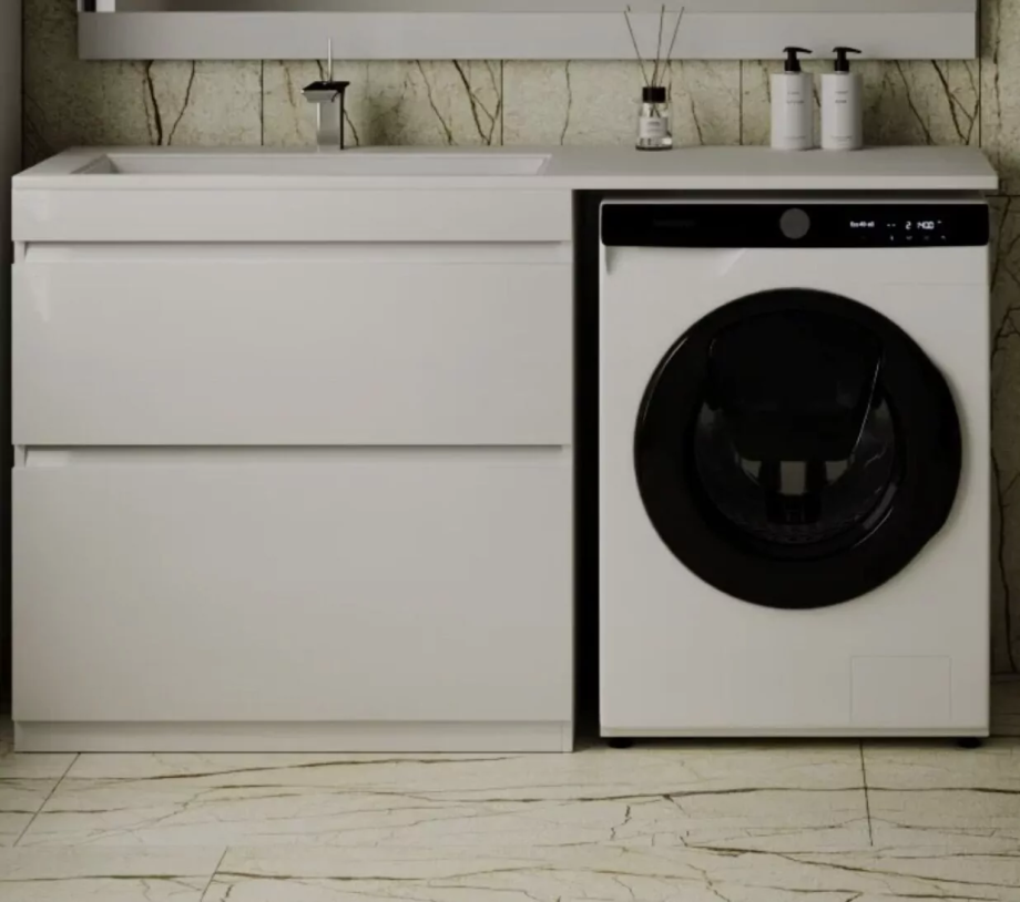 Тумба напольная Style Line Даллас 150 люкс plus ПВХ с раковиной Даллас 150 под стиральную машину, 2 ящика, левая, белая